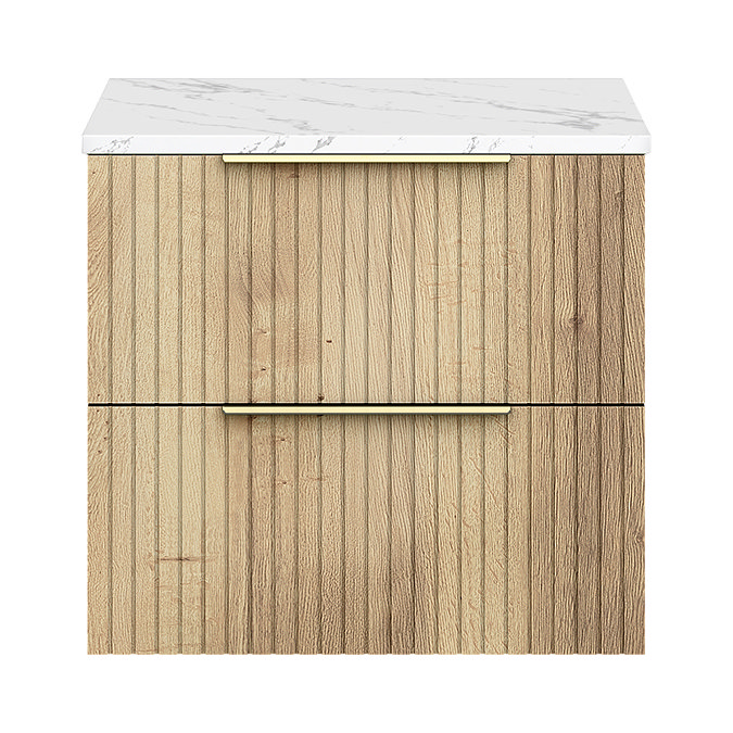 Milan Fluted 600mm Autumn Oak Vanity Unit - Wall Hung 2 Drawer Unit with Carrara Marble Worktop & Brushed Brass Handles
