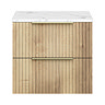 Milan Fluted 600mm Autumn Oak Vanity Unit - Wall Hung 2 Drawer Unit with Carrara Marble Worktop & Brushed Brass Handles