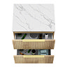 Milan Fluted 600mm Autumn Oak Vanity Unit - Wall Hung 2 Drawer Unit with Carrara Marble Worktop & Brushed Brass Handles