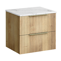 Milan Fluted 600mm Autumn Oak Vanity Unit - Wall Hung 2 Drawer Unit with Carrara Marble Worktop & Brushed Brass Handles