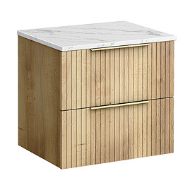 Milan Fluted 600mm Autumn Oak Vanity Unit - Wall Hung 2 Drawer Unit with Carrara Marble Worktop & Brushed Brass Handles