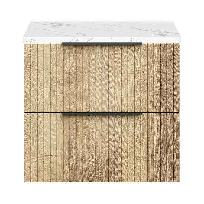 Milan Fluted 600mm Autumn Oak Vanity Unit - Wall Hung 2 Drawer Unit with Carrara Marble Worktop & Matt Black Handles