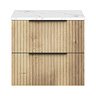 Milan Fluted 600mm Autumn Oak Vanity Unit - Wall Hung 2 Drawer Unit with Carrara Marble Worktop & Matt Black Handles