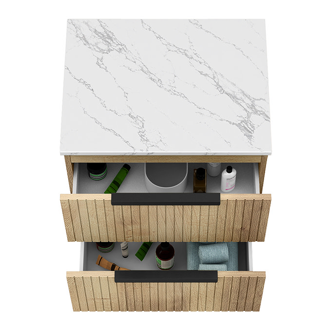 Milan Fluted 600mm Autumn Oak Vanity Unit - Wall Hung 2 Drawer Unit with Carrara Marble Worktop & Matt Black Handles