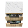 Milan Fluted 600mm Autumn Oak Vanity Unit - Wall Hung 2 Drawer Unit with Carrara Marble Worktop & Matt Black Handles