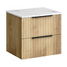 Milan Fluted 600mm Autumn Oak Vanity Unit - Wall Hung 2 Drawer Unit with Carrara Marble Worktop & Matt Black Handles