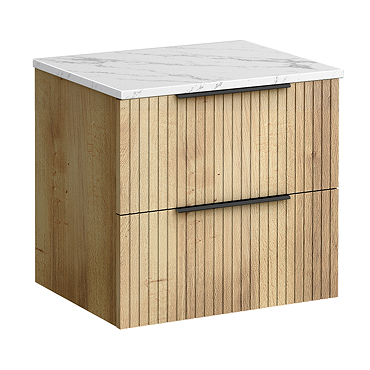 Milan Fluted 600mm Autumn Oak Vanity Unit - Wall Hung 2 Drawer Unit with Carrara Marble Worktop & Matt Black Handles