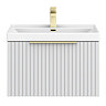 Milan Fluted 600mm Matt White 1-Drawer Wall Hung Vanity Unit with Brushed Brass Handle