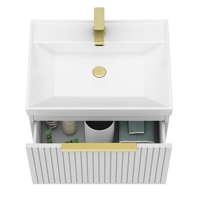 Milan Fluted 600mm Matt White 1-Drawer Wall Hung Vanity Unit with Brushed Brass Handle