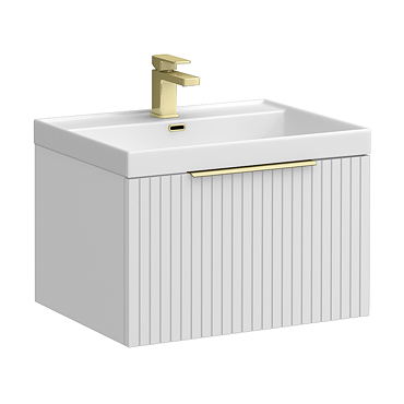 Milan Fluted 600mm Matt White 1-Drawer Wall Hung Vanity Unit with Brushed Brass Handle