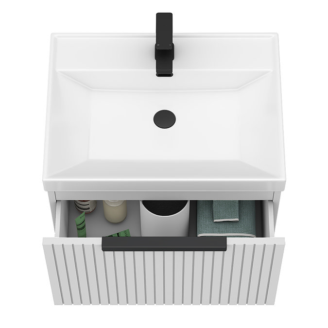 Milan Fluted 600mm Matt White 1-Drawer Wall Hung Vanity Unit with Matt Black Handle