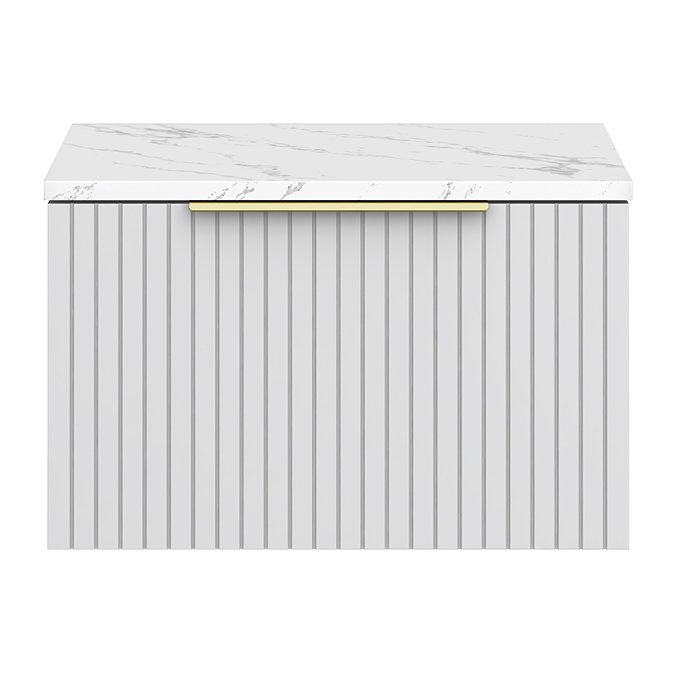 Milan Fluted 600mm Matt White Vanity Unit - Wall Hung 1 Drawer Unit with Carrara Marble Worktop & Brushed Brass Handle
