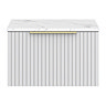 Milan Fluted 600mm Matt White Vanity Unit - Wall Hung 1 Drawer Unit with Carrara Marble Worktop & Brushed Brass Handle