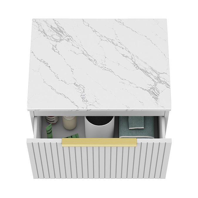 Milan Fluted 600mm Matt White Vanity Unit - Wall Hung 1 Drawer Unit with Carrara Marble Worktop & Brushed Brass Handle