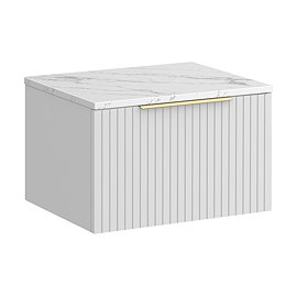 Milan Fluted 600mm Matt White Vanity Unit - Wall Hung 1 Drawer Unit with Carrara Marble Worktop & Brushed Brass Handle