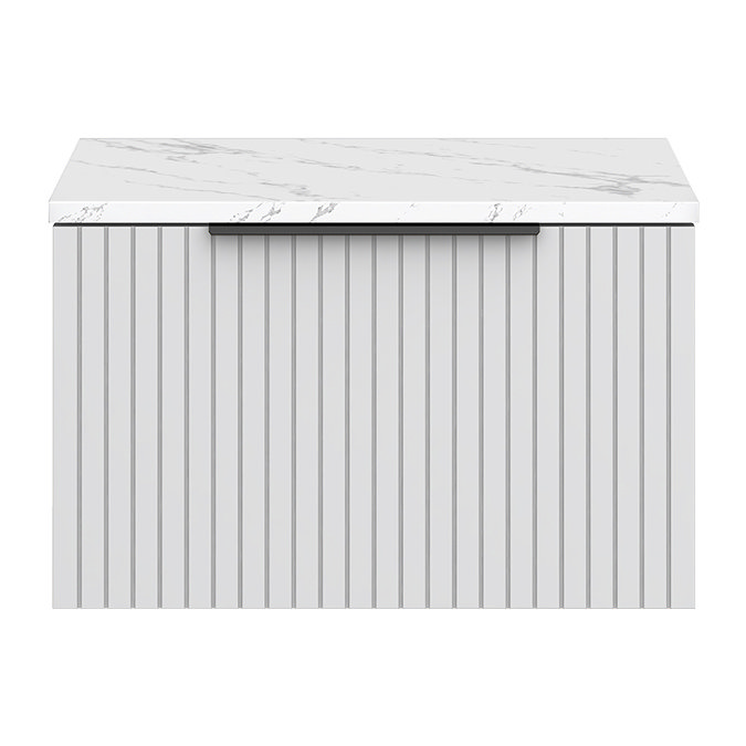 Milan Fluted 600mm Matt White Vanity Unit - Wall Hung 1 Drawer Unit with Carrara Marble Worktop & Matt Black Handle