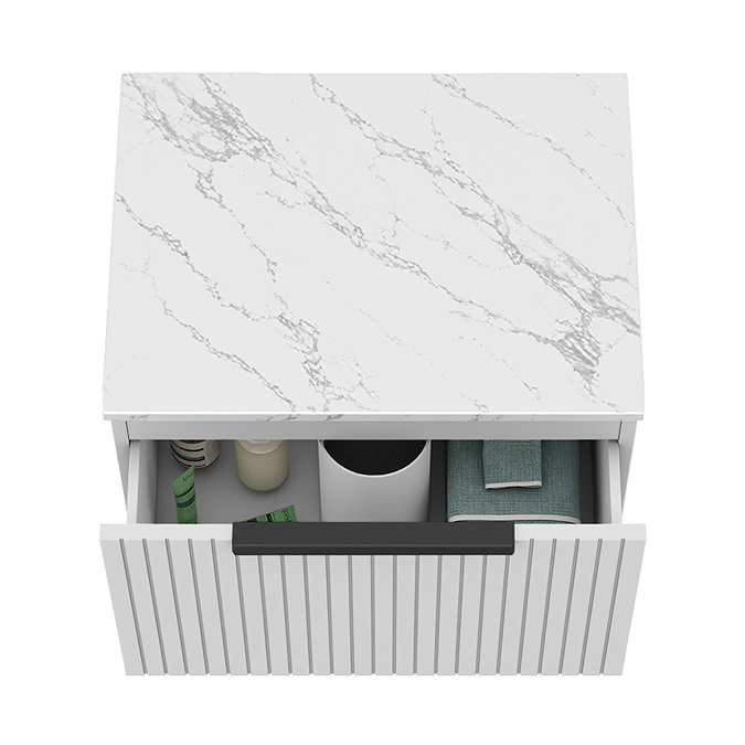 Milan Fluted 600mm Matt White Vanity Unit - Wall Hung 1 Drawer Unit with Carrara Marble Worktop & Matt Black Handle