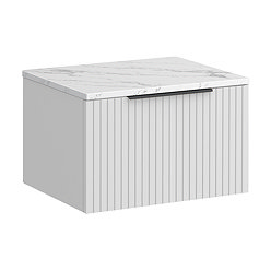 Milan Fluted 600mm Matt White Vanity Unit - Wall Hung 1 Drawer Unit with Carrara Marble Worktop & Matt Black Handle
