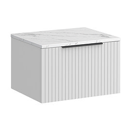 Milan Fluted 600mm Matt White Vanity Unit - Wall Hung 1 Drawer Unit with Carrara Marble Worktop & Matt Black Handle