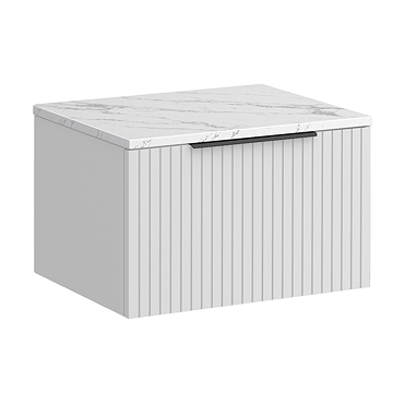Milan Fluted 600mm Matt White Vanity Unit - Wall Hung 1 Drawer Unit with Carrara Marble Worktop & Matt Black Handle
