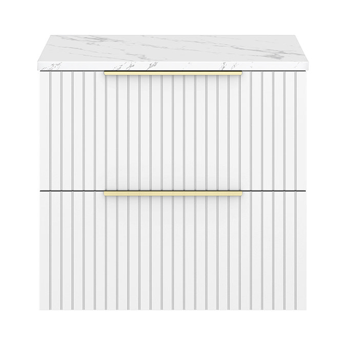 Milan Fluted 600mm Matt White Vanity Unit - Wall Hung 2 Drawer Unit with Carrara Marble Worktop & Brushed Brass Handles