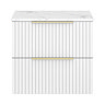 Milan Fluted 600mm Matt White Vanity Unit - Wall Hung 2 Drawer Unit with Carrara Marble Worktop & Brushed Brass Handles
