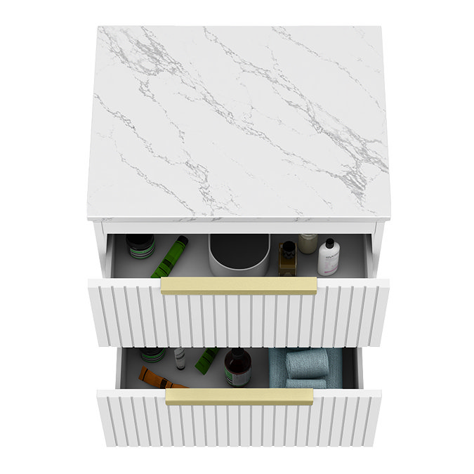 Milan Fluted 600mm Matt White Vanity Unit - Wall Hung 2 Drawer Unit with Carrara Marble Worktop & Brushed Brass Handles