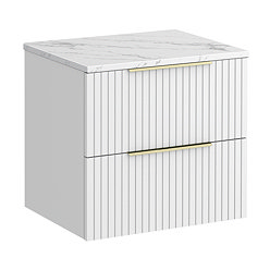 Milan Fluted 600mm Matt White Vanity Unit - Wall Hung 2 Drawer Unit with Carrara Marble Worktop & Brushed Brass Handles