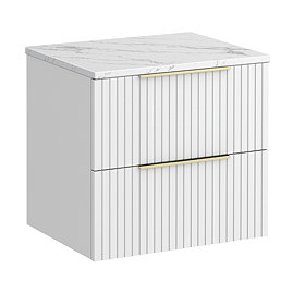 Milan Fluted 600mm Matt White Vanity Unit - Wall Hung 2 Drawer Unit with Carrara Marble Worktop & Brushed Brass Handles