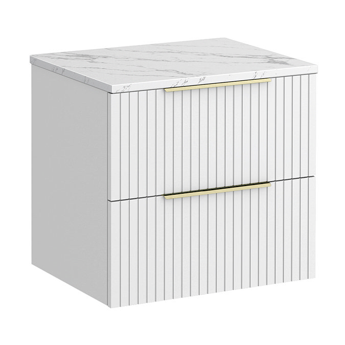 Milan Fluted 600mm Matt White Vanity Unit - Wall Hung 2 Drawer Unit with Carrara Marble Worktop & Brushed Brass Handles