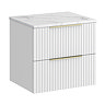 Milan Fluted 600mm Matt White Vanity Unit - Wall Hung 2 Drawer Unit with Carrara Marble Worktop & Brushed Brass Handles