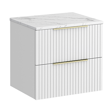 Milan Fluted 600mm Matt White Vanity Unit - Wall Hung 2 Drawer Unit with Carrara Marble Worktop & Brushed Brass Handles