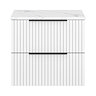 Milan Fluted 600mm Matt White Vanity Unit - Wall Hung 2 Drawer Unit with Carrara Marble Worktop & Matt Black Handles
