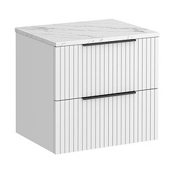 Milan Fluted 600mm Matt White Vanity Unit - Wall Hung 2 Drawer Unit with Carrara Marble Worktop & Matt Black Handles