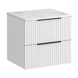 Milan Fluted 600mm Matt White Vanity Unit - Wall Hung 2 Drawer Unit with Carrara Marble Worktop & Matt Black Handles