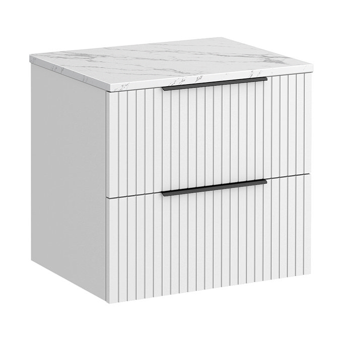 Milan Fluted 600mm Matt White Vanity Unit - Wall Hung 2 Drawer Unit with Carrara Marble Worktop & Matt Black Handles