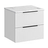 Milan Fluted 600mm Matt White Vanity Unit - Wall Hung 2 Drawer Unit with Carrara Marble Worktop & Matt Black Handles