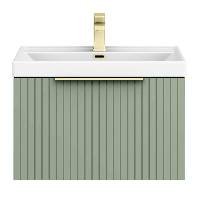 Milan Fluted 600mm Satin Green 1-Drawer Wall Hung Vanity Unit with Brushed Brass Handle