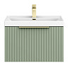 Milan Fluted 600mm Satin Green 1-Drawer Wall Hung Vanity Unit with Brushed Brass Handle