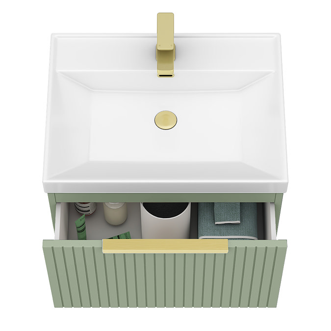 Milan Fluted 600mm Satin Green 1-Drawer Wall Hung Vanity Unit with Brushed Brass Handle