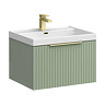 Milan Fluted 600mm Satin Green 1-Drawer Wall Hung Vanity Unit with Brushed Brass Handle