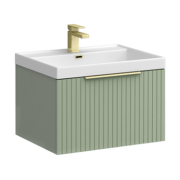 Milan Fluted 600mm Satin Green 1-Drawer Wall Hung Vanity Unit with Brushed Brass Handle