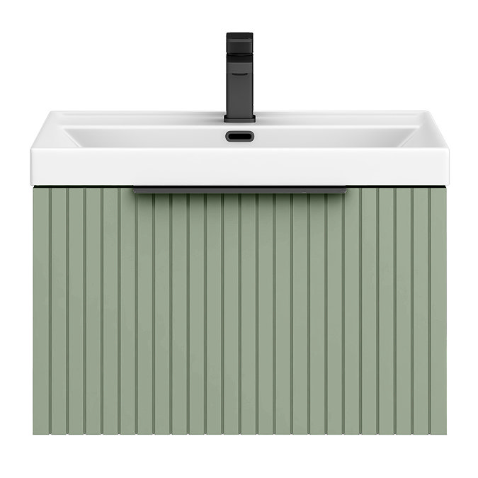 Milan Fluted 600mm Satin Green 1-Drawer Wall Hung Vanity Unit with Matt Black Handle