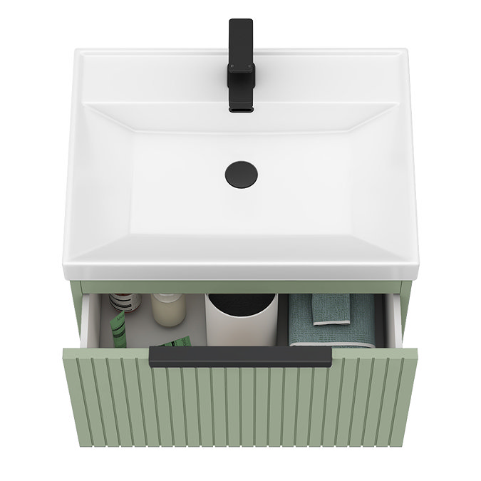 Milan Fluted 600mm Satin Green 1-Drawer Wall Hung Vanity Unit with Matt Black Handle