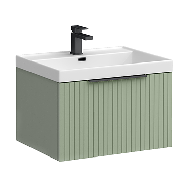 Milan Fluted 600mm Satin Green 1-Drawer Wall Hung Vanity Unit with Matt Black Handle