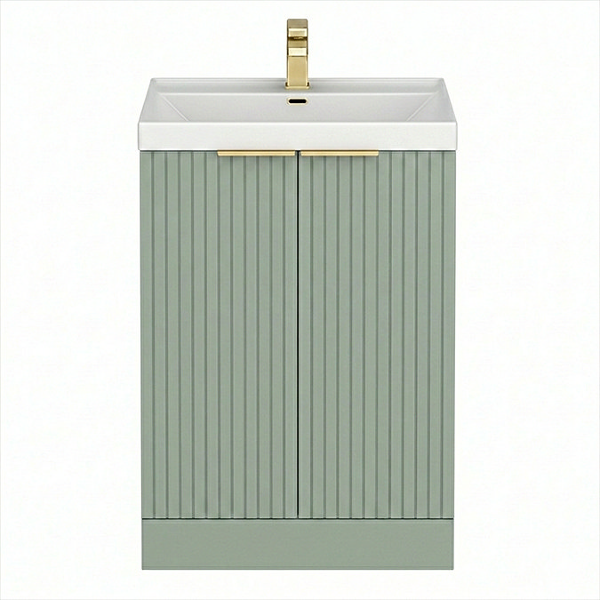 Milan Fluted 600mm Satin Green 2-Door Floor Standing Vanity Unit with Brushed Brass Handles