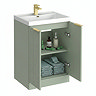 Milan Fluted 600mm Satin Green 2-Door Floor Standing Vanity Unit with Brushed Brass Handles