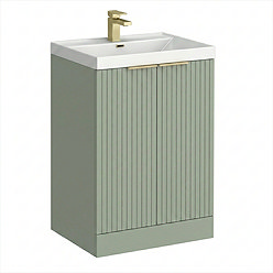 Milan Fluted 600mm Satin Green 2-Door Floor Standing Vanity Unit with Brushed Brass Handles