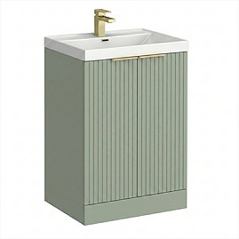 Milan Fluted 600mm Satin Green 2-Door Floor Standing Vanity Unit with Brushed Brass Handles