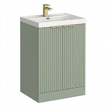 Milan Fluted 600mm Satin Green 2-Door Floor Standing Vanity Unit with Brushed Brass Handles